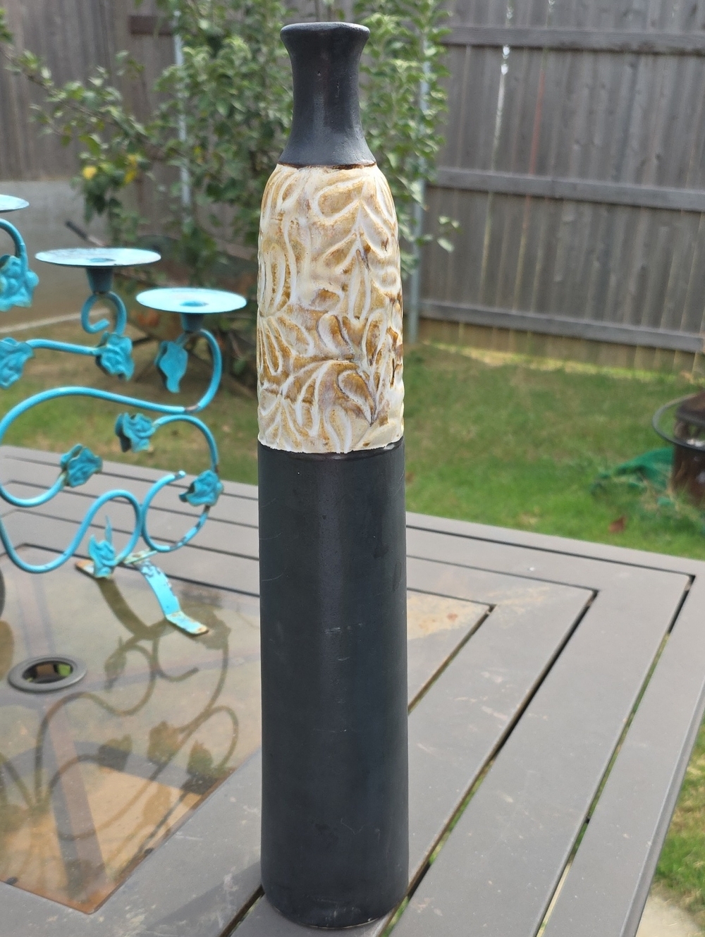 Source Unknown Black and Cream Carved Column Vase